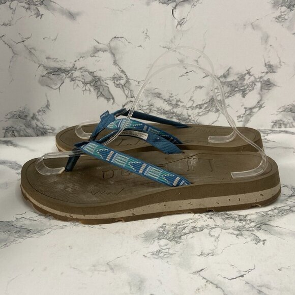 LL Bean Women 10 Flip Flop Sandals Blue Printed Open Toe Outdoor Thick Sole Shoe - Picture 3 of 6